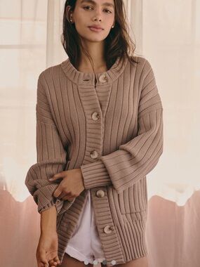 Varley Ribbed Button-Front Cardigan in Taupe